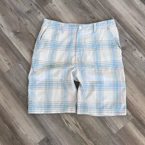 Vintage Quiksilver Y2K Baby Blue White Windowpane Plaid Shorts Size 34